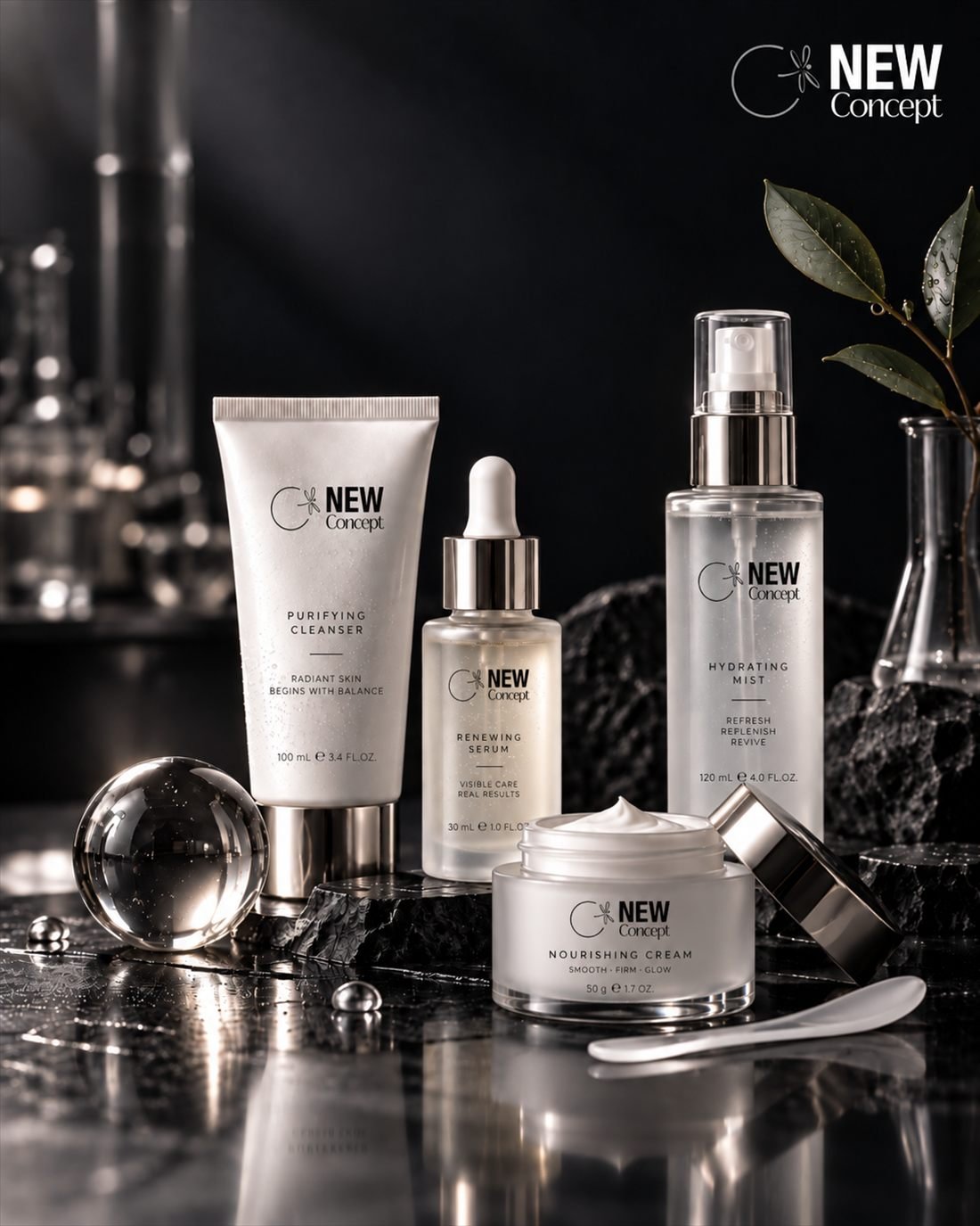 Linha de skincare New Concept: cleanser, sérum, bruma e creme nutritivo